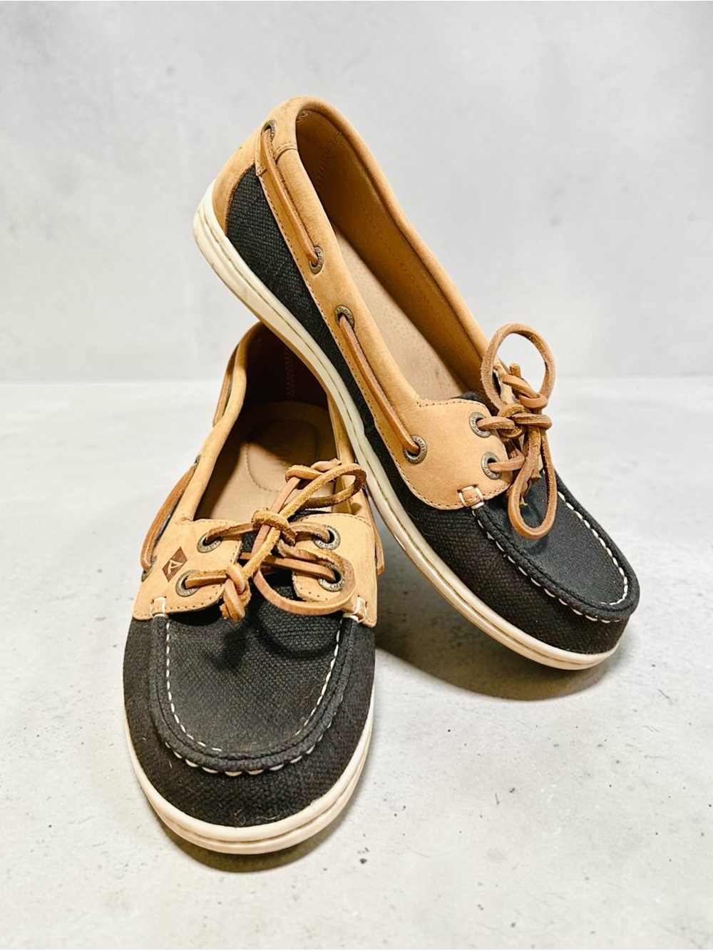Sperry Top-Sider Canvas & Leather Boat Shoes - Black and Tan - Size 6.5
